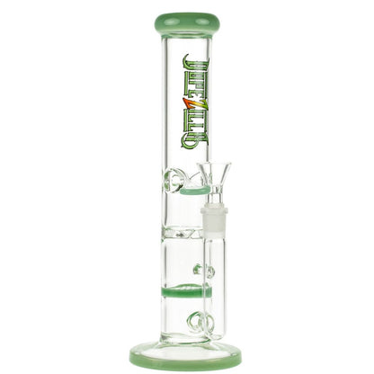 Front view of the 10-inch Dopezillla Mutos Water Pipe in milky jade, showcasing its simple cylindrical shape and clear glass construction.