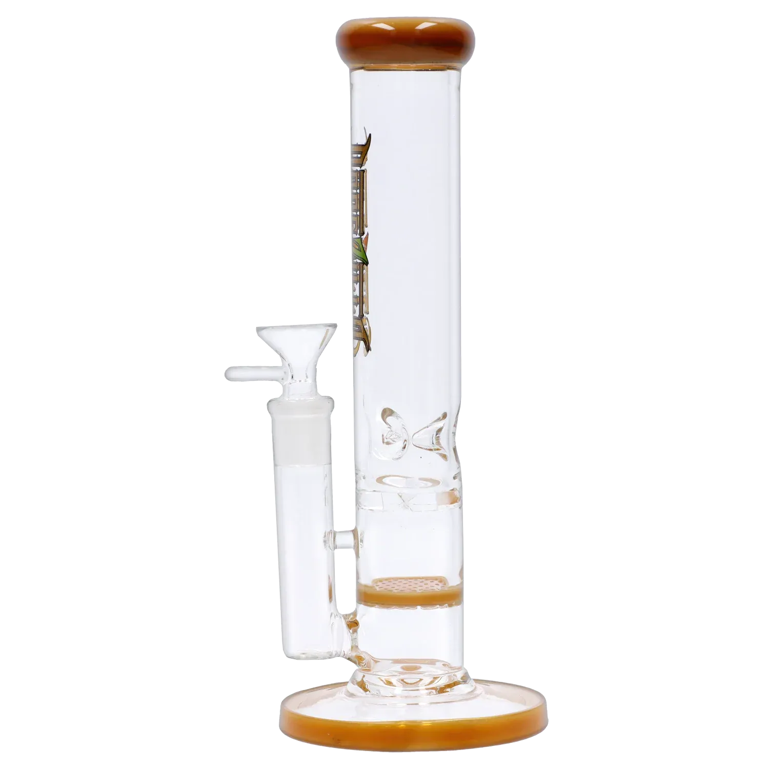 Side view of the Dopezilla Mutos Water Pipe - Milky Yellow - 10in. showing its straight clear glass tube with milky yellow rim and base accents.