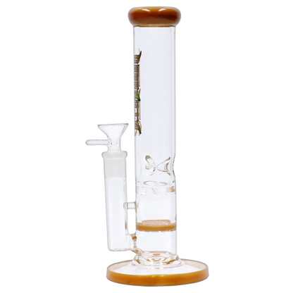 Side view of the Dopezilla Mutos Water Pipe - Milky Yellow - 10in. showing its straight clear glass tube with milky yellow rim and base accents.