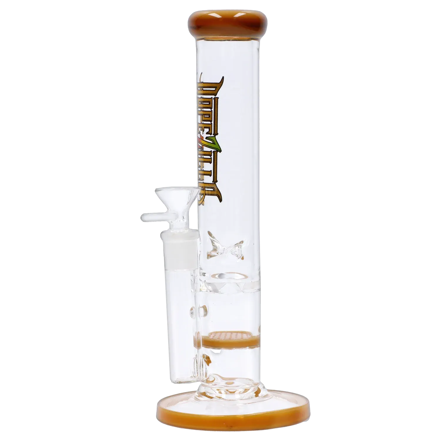Tall, straight-on view of the Dopezilla Mutos Water Pipe - Milky Yellow - 10in. showing its clear glass tube with milky yellow rim and base.