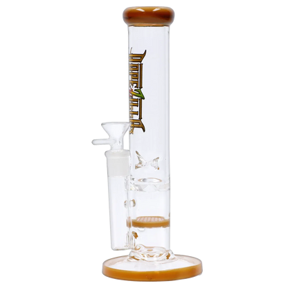 Tall, straight-on view of the Dopezilla Mutos Water Pipe - Milky Yellow - 10in. showing its clear glass tube with milky yellow rim and base.