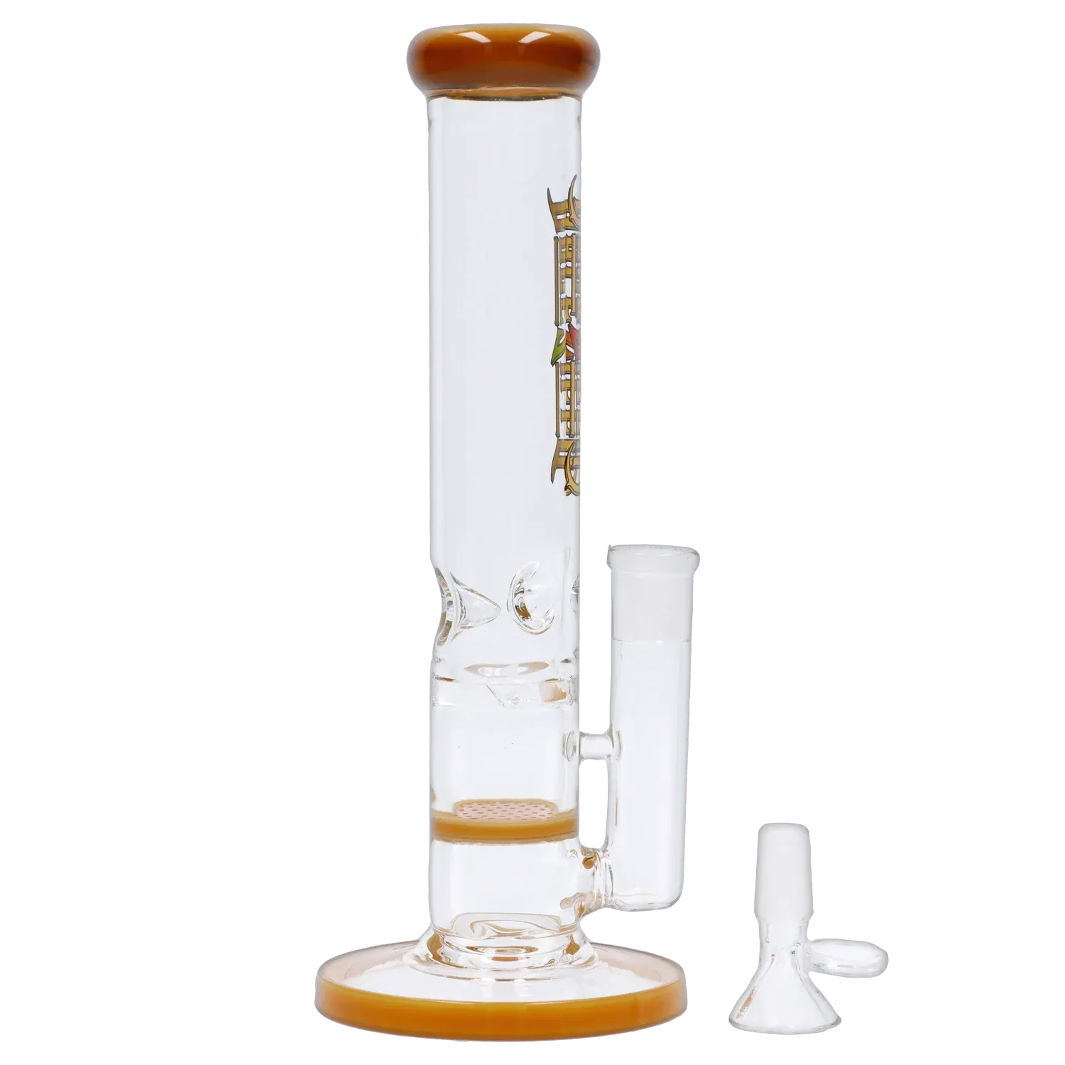Straight-on view of the Dopezilla Mutos Water Pipe - Milky Yellow - 10in. showing its tall clear tube, milky yellow rim and base, and detached downstem.