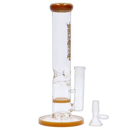 Straight-on view of the Dopezilla Mutos Water Pipe - Milky Yellow - 10in. showing its tall clear tube, milky yellow rim and base, and detached downstem.