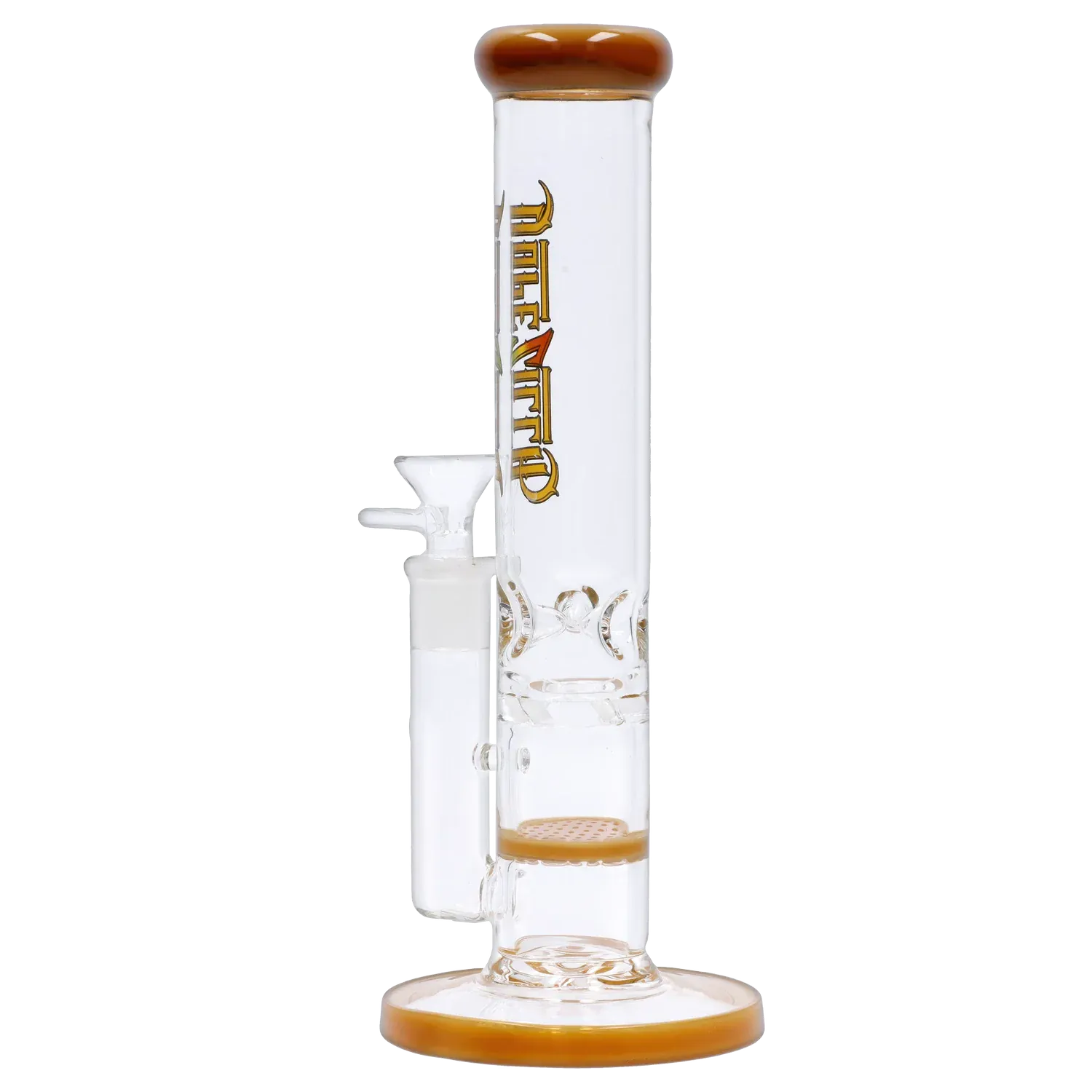Straight-on view of the Dopezilla Mutos Water Pipe - Milky Yellow - 10in. showing its clear tube, amber rim and percolator details