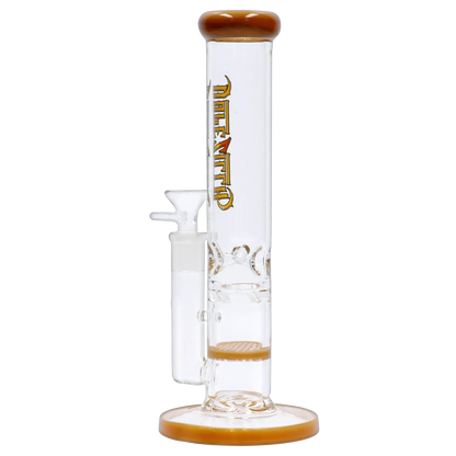Straight-on view of the Dopezilla Mutos Water Pipe - Milky Yellow - 10in. showing its clear tube, amber rim and percolator details