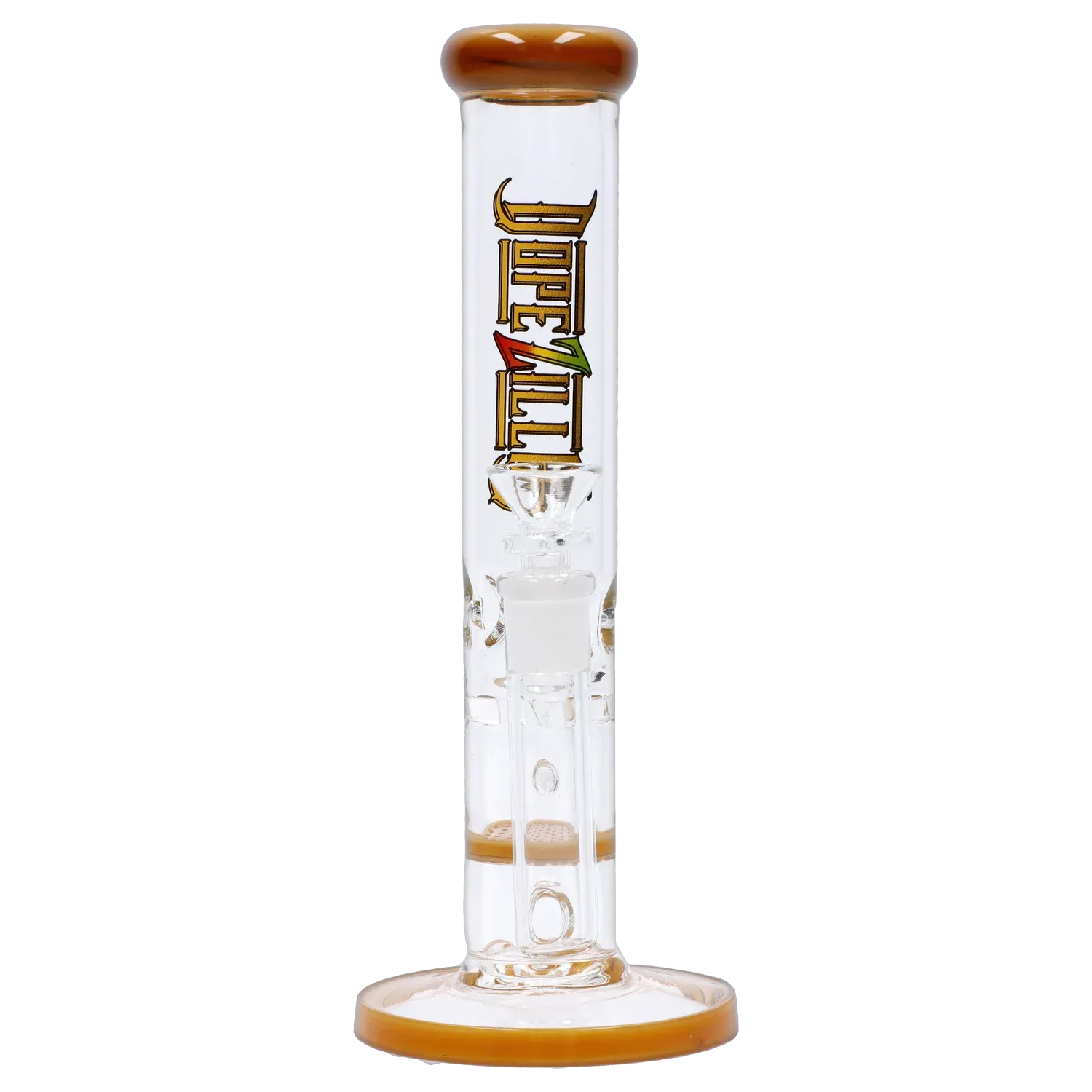 Straight-on view of the Dopezilla Mutos Water Pipe - Milky Yellow - 10in., showing the tall clear tube with milky yellow rimmed mouthpiece and base and visible downstem details.