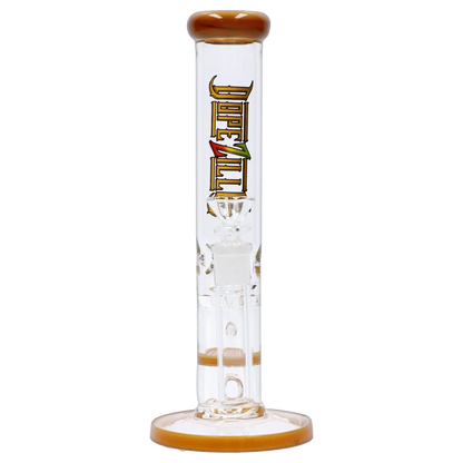 Straight-on view of the Dopezilla Mutos Water Pipe - Milky Yellow - 10in., showing the tall clear tube with milky yellow rimmed mouthpiece and base and visible downstem details.