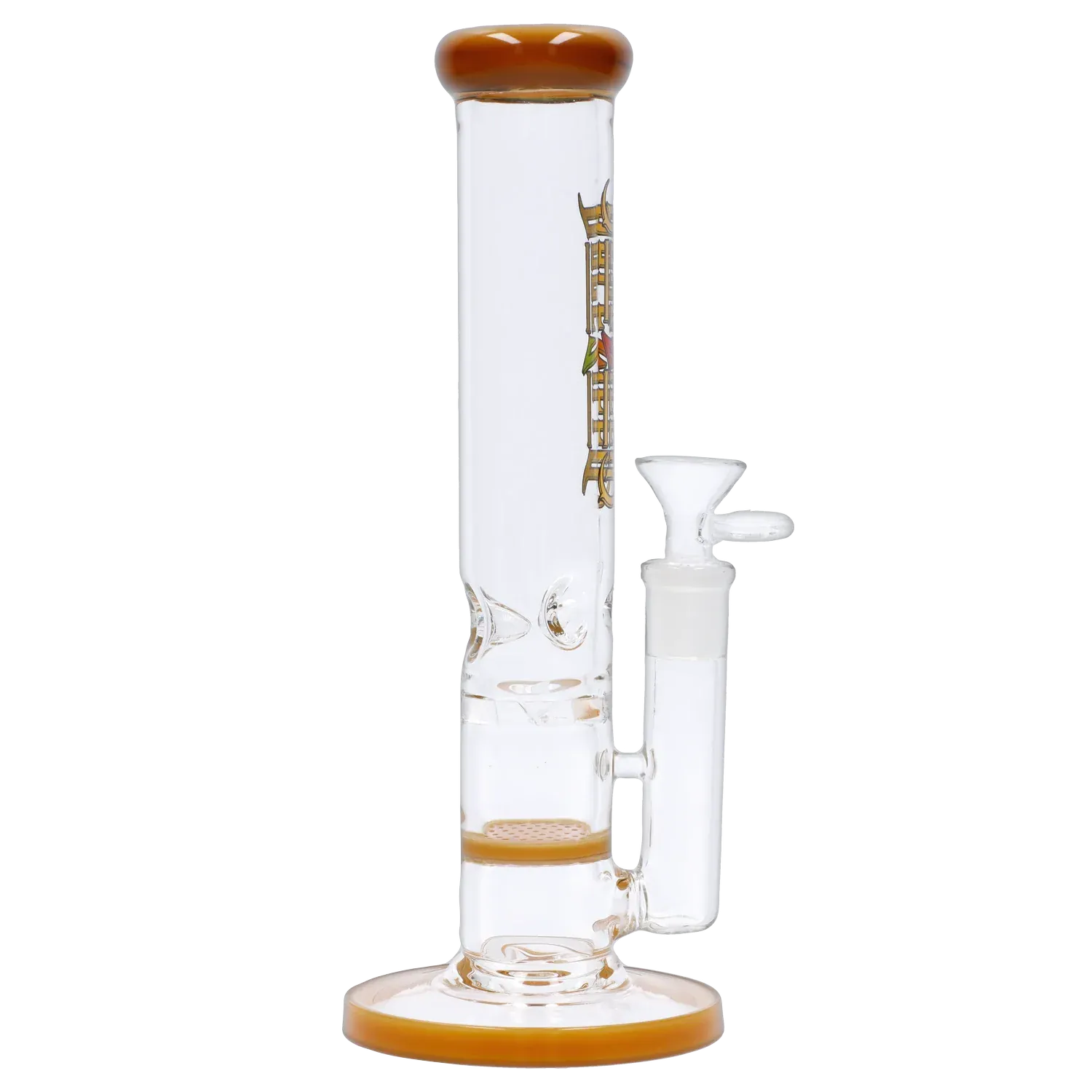 Side view of the Dopezilla Mutos Water Pipe - Milky Yellow - 10in. showing its straight clear glass tube with milky yellow-rimmed mouthpiece and base against a white background