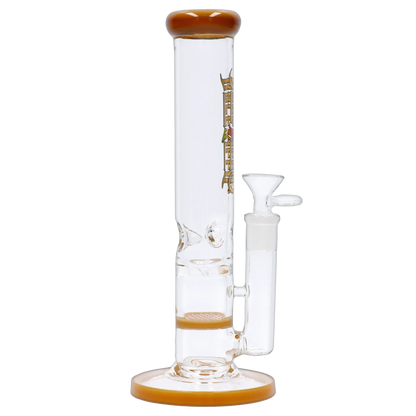 Side view of the Dopezilla Mutos Water Pipe - Milky Yellow - 10in. showing its straight clear glass tube with milky yellow-rimmed mouthpiece and base against a white background