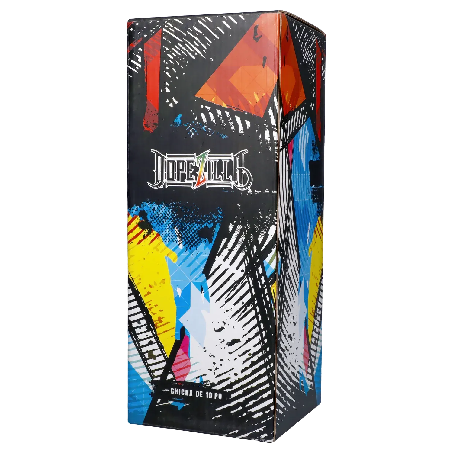 Three-quarter view of the colorful retail box for the Dopezilla Mutos Water Pipe - Milky Yellow - 10in., showing bold graffiti-style graphics and the Dopezilla logo.