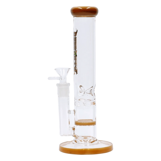 Front view of the 10-inch Dopezilla Mutos Water Pipe in milky yellow, showing its clear glass construction and simple cylindrical shape.