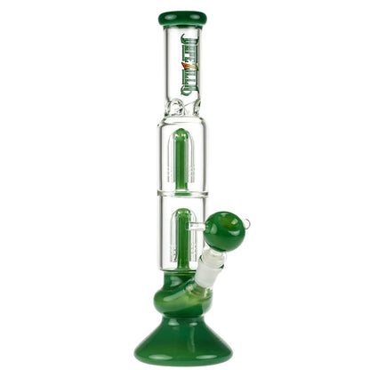 Front view of the 13-inch Dopezilla Megalon water pipe in milky jade, showcasing its sleek, curved design and clear glass construction.