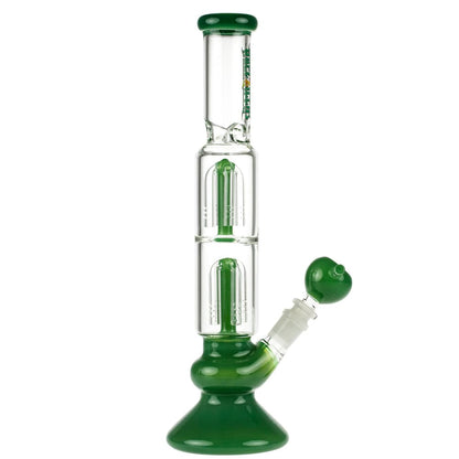 Front view of the 13-inch Dopezilla Megalon water pipe in milky jade, showcasing its sleek, curved design and clear glass construction.
