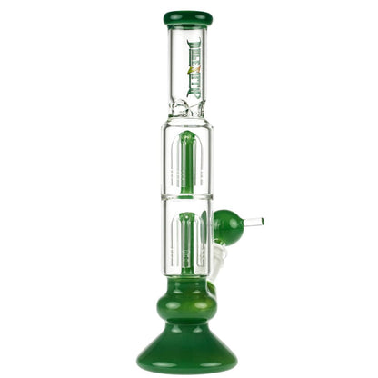A straight-on view of the 13-inch Dopezilla Megalon water pipe in milky jade, showcasing its curved neck and clear glass construction.