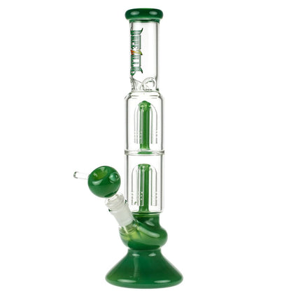 Front view of the 13-inch Dopezilla Megalon water pipe in milky jade, highlighting its sleek, curved design and clear glass construction.