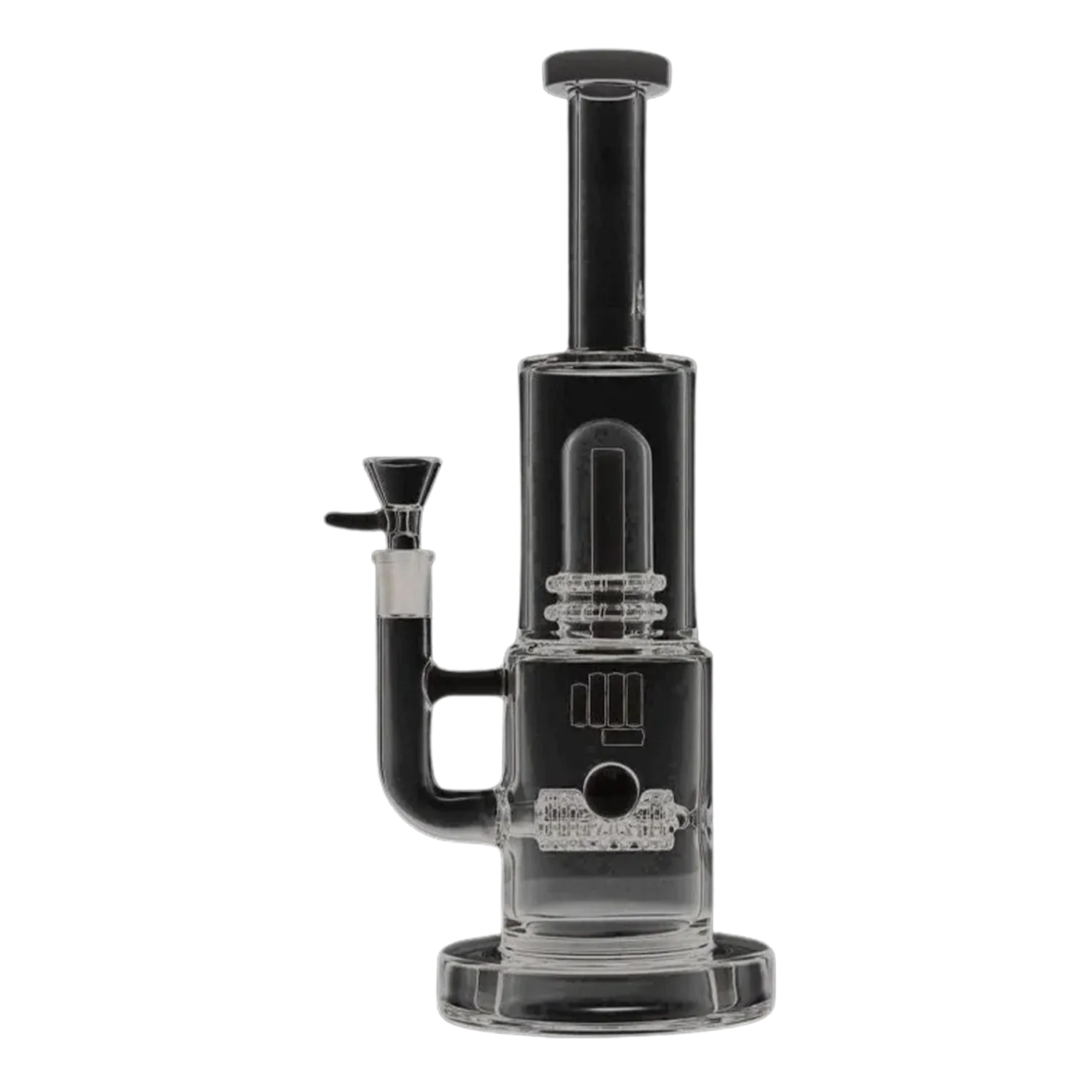 Straight-on view of the clear glass Snoop Dogg Pounds-Mothership Water Pipe-Black showing its tall cylindrical neck, percolator chambers, side handle and bowl.