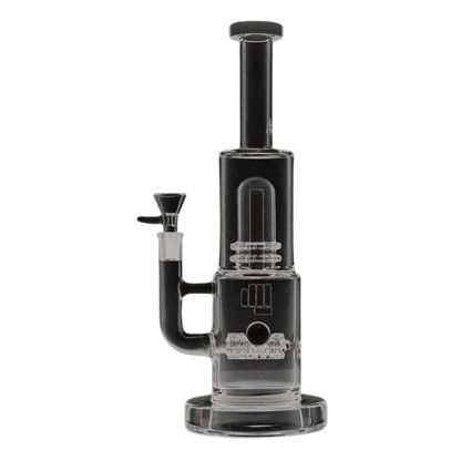 Straight-on view of the clear glass Snoop Dogg Pounds-Mothership Water Pipe-Black showing its tall cylindrical neck, percolator chambers, side handle and bowl.