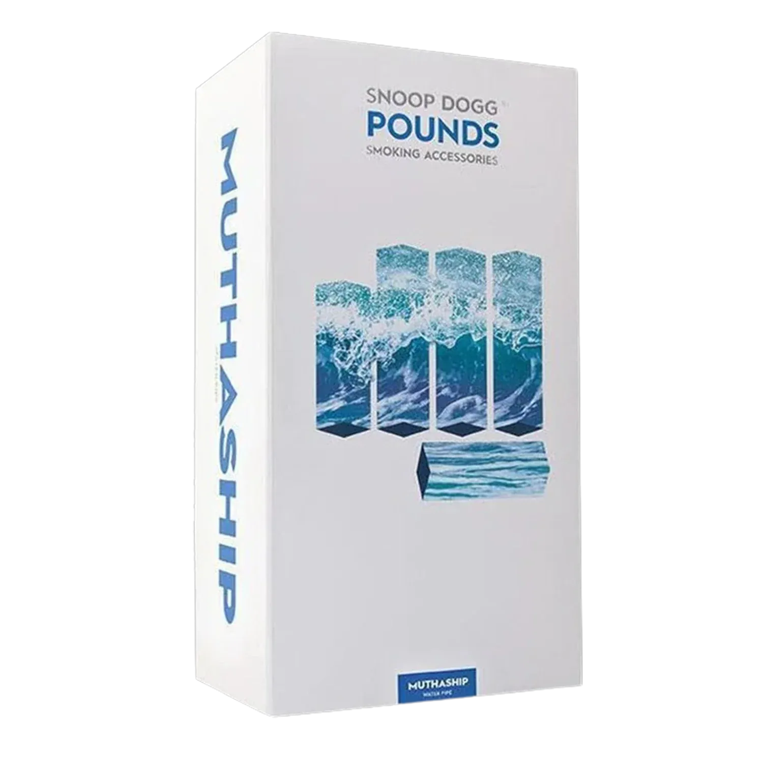 Angled front view of the Snoop Dogg Pounds-Mothership Water Pipe-Black box showing ocean wave graphics and blue "POUNDS" branding on a white background