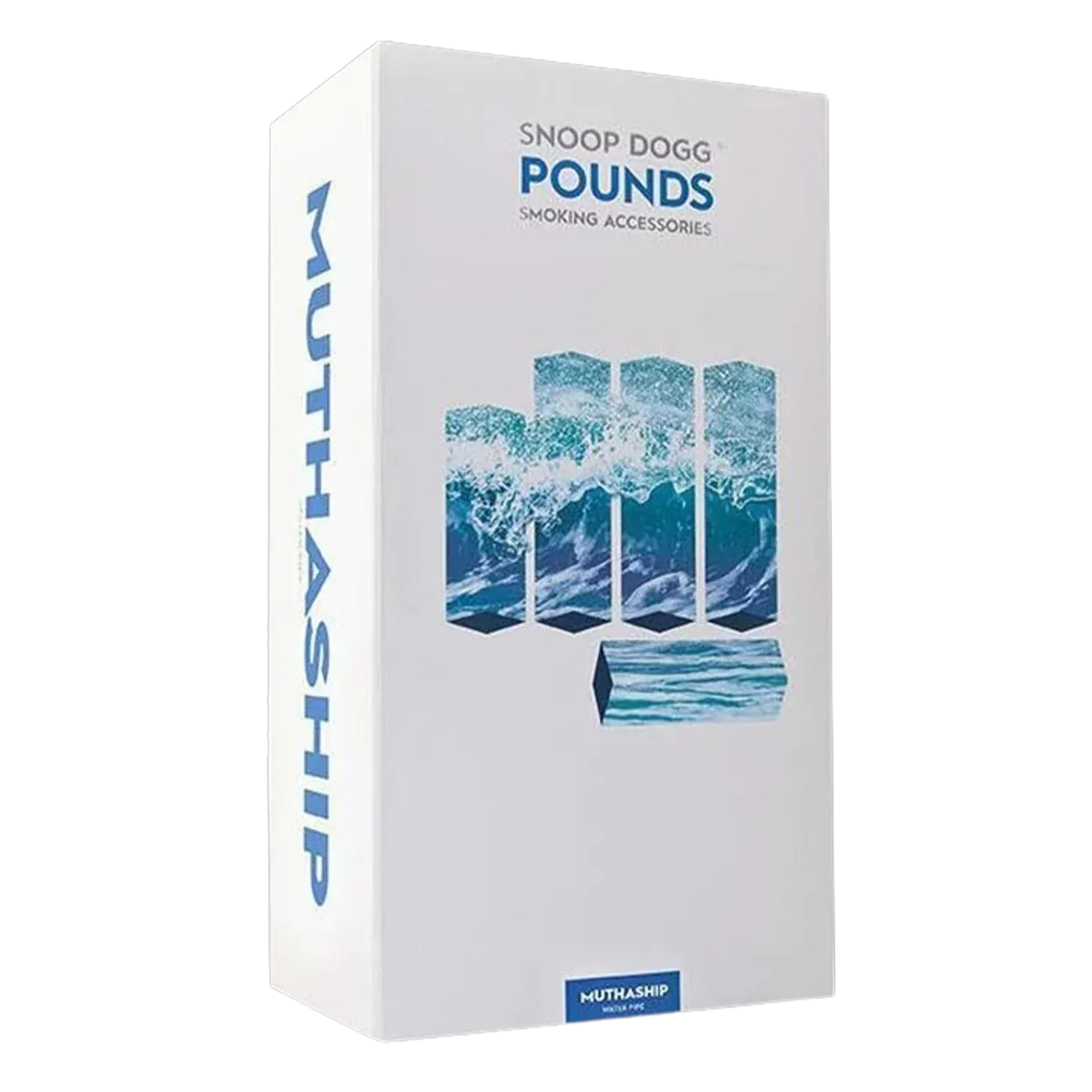 Angled view of the Snoop Dogg Pounds-Mothership Water Pipe-Clear box showing blue ocean graphic panels on a white background.