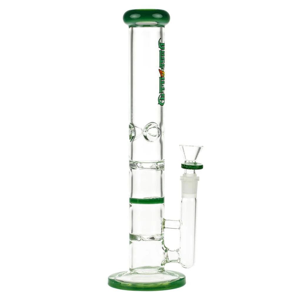 Front view of the 11.5-inch Dopezilla Mutos Water Pipe in jade green, showcasing its clear glass construction and simple cylindrical shape.
