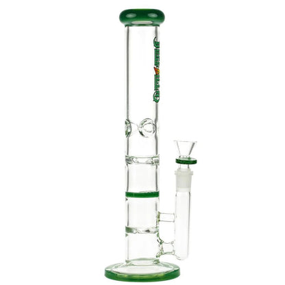 Front view of the 11.5-inch Dopezilla Mutos Water Pipe in jade green, showcasing its clear glass construction and simple cylindrical shape.