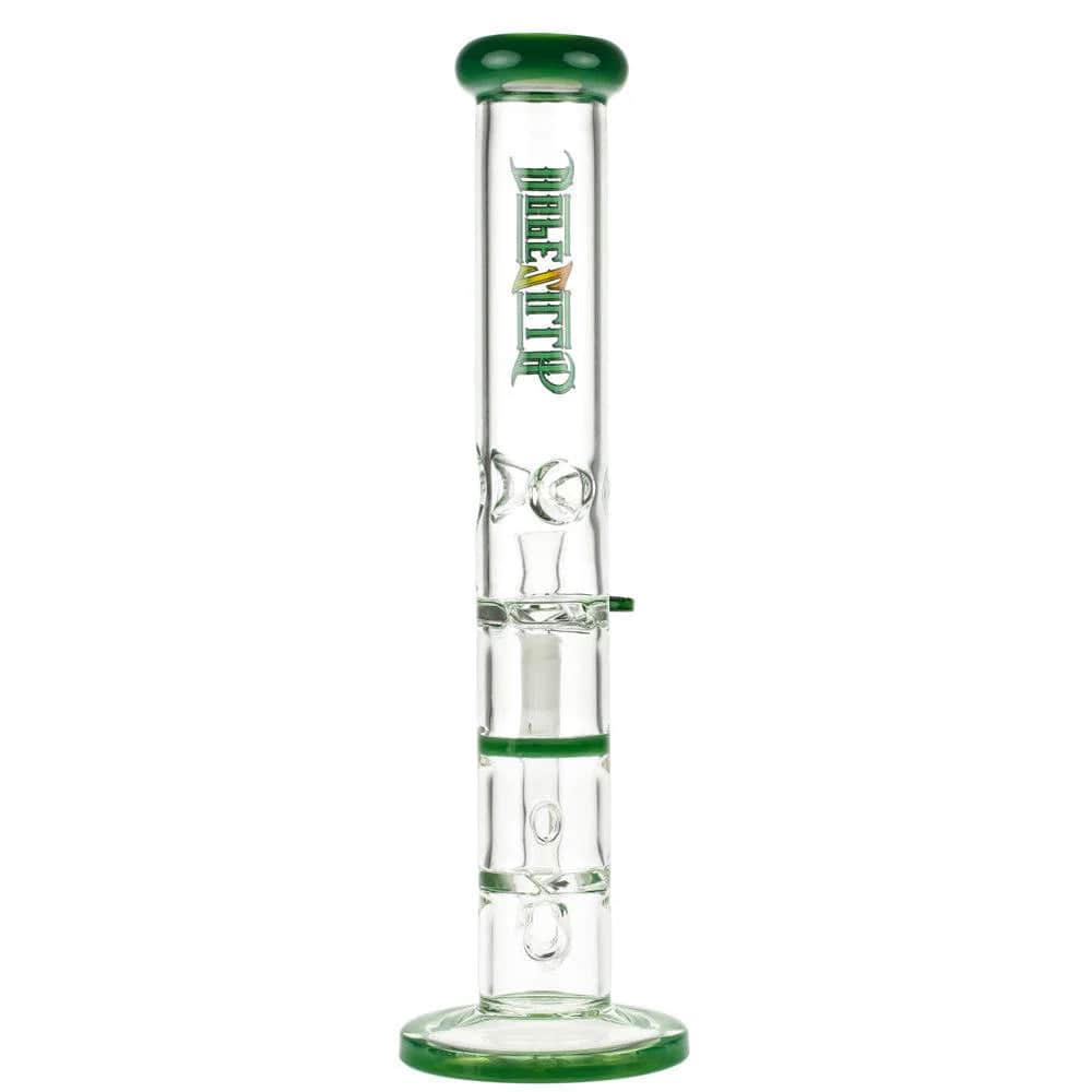 A studio shot of the 11.5-inch Dopezilla Mutos water pipe in jade green, displaying its straight tube shape and clear glass construction.