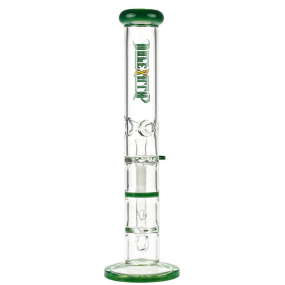 A studio shot of the 11.5-inch Dopezilla Mutos water pipe in jade green, displaying its straight tube shape and clear glass construction.