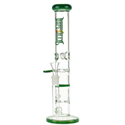 A front view of the 11.5-inch Dopezilla Mutos water pipe in jade green, showing its clear glass construction and simple cylindrical form.