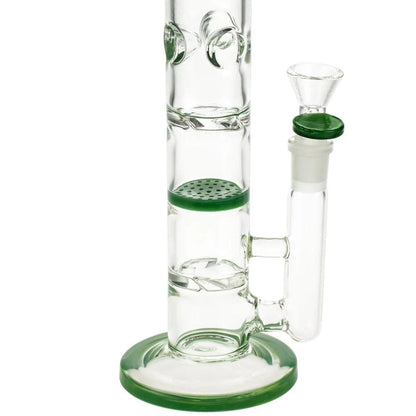 Front view of the 11.5-inch Dopezilla Mutos water pipe in jade green, displaying its beaker shape and clear glass construction.