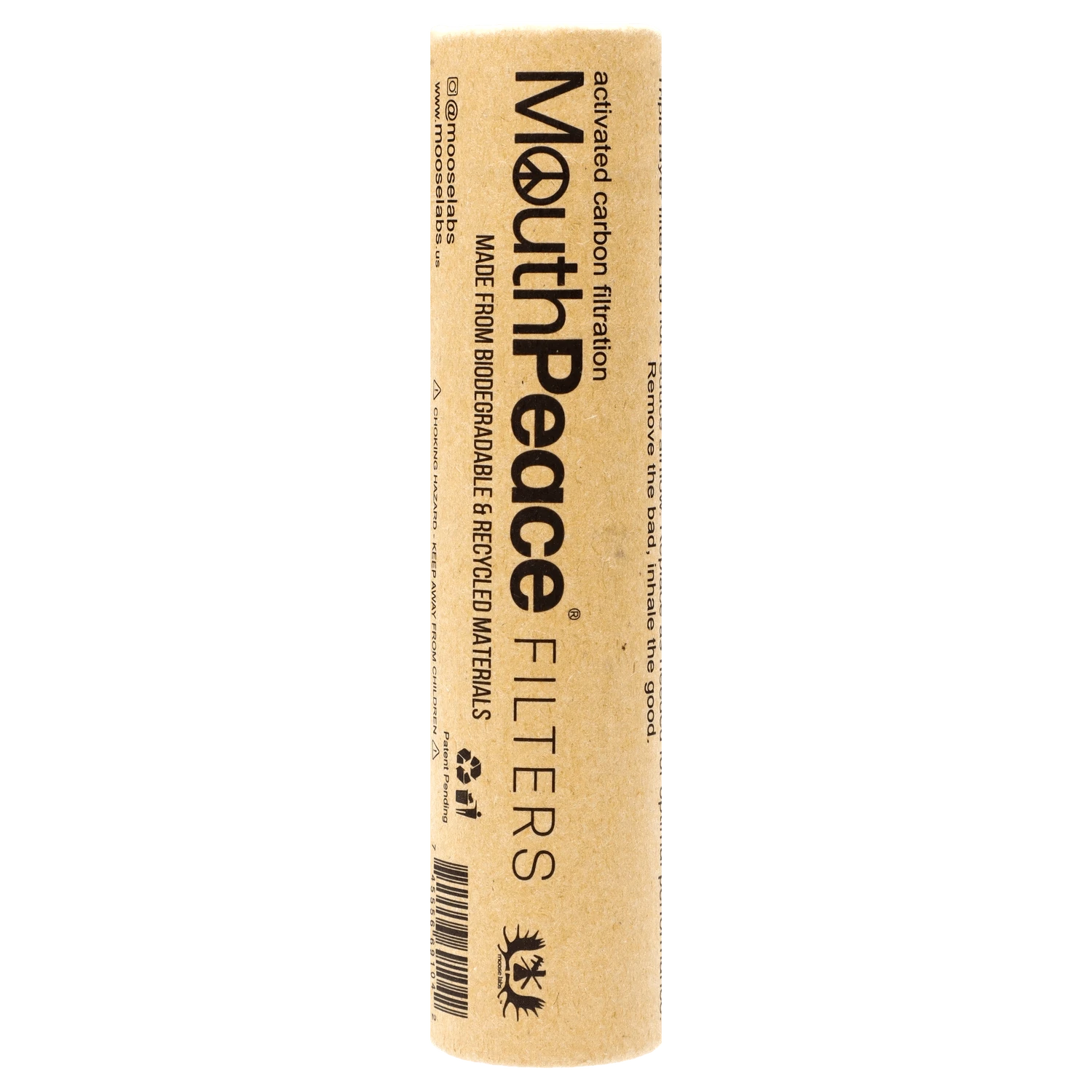 Close-up of the Moose Labs Mouthpeace Filter Replacements, showing the white cylindrical filter packaging with branding details.