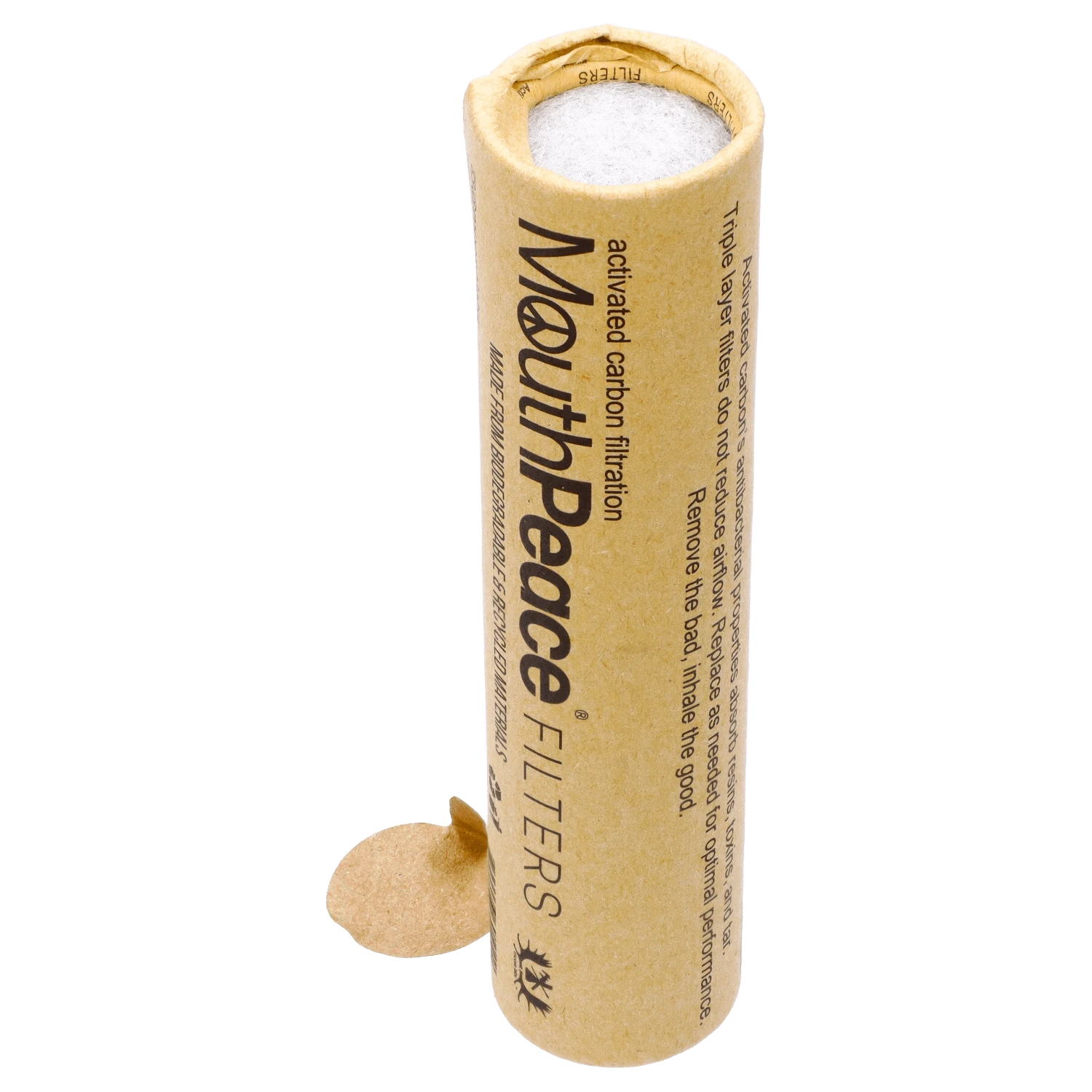 Close-up of Moose Labs Mouthpeace Filter Replacements, showing a stack of white cylindrical filters against a blurred background.
