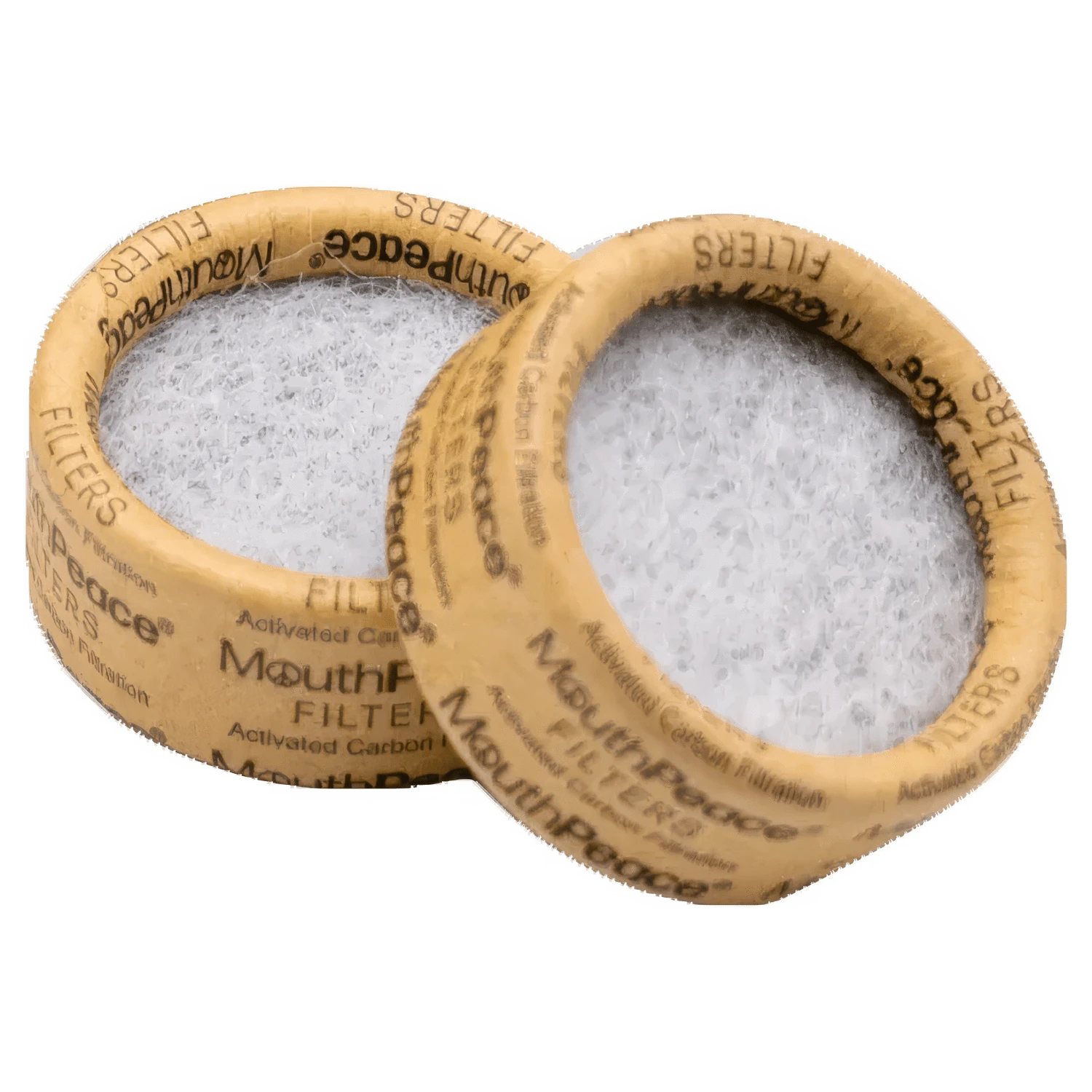 Close-up of Moose Labs Mouthpeace Filter Replacements, showcasing the circular filters stacked against a dark background.