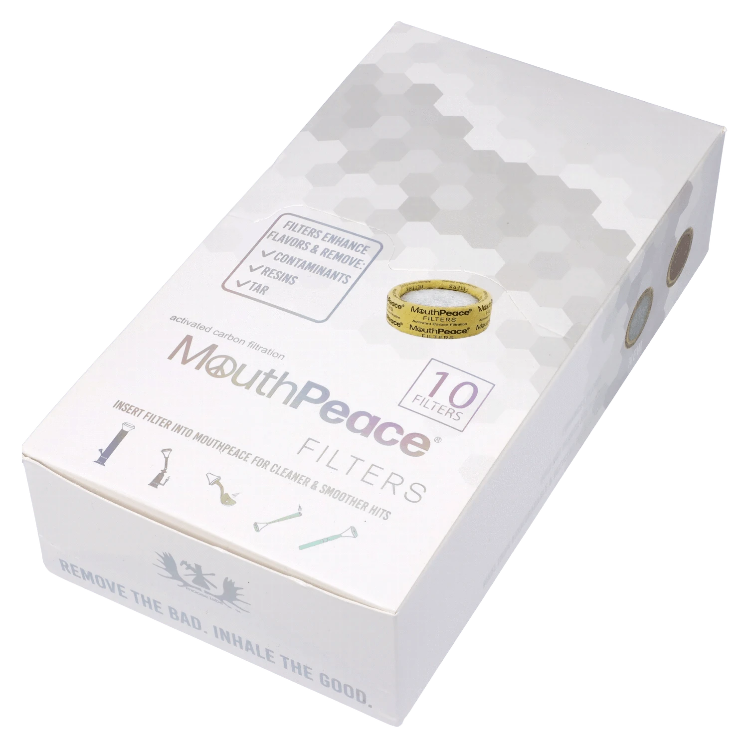 Close-up of Moose Labs Mouthpeace Filter Replacements packaging displaying a white label with text and a purple border.