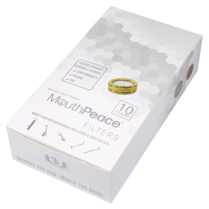 Close-up of Moose Labs Mouthpeace Filter Replacements packaging displaying a white label with text and a purple border.