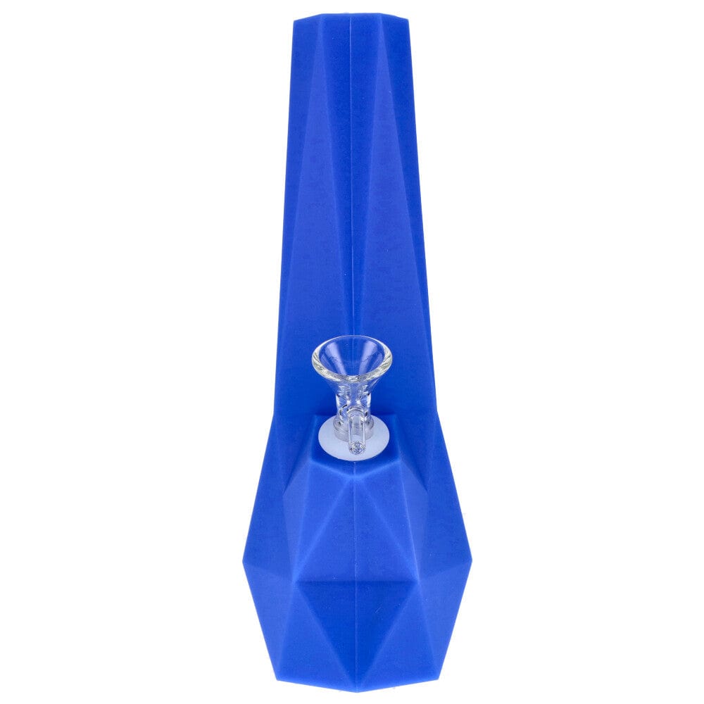 Top-down view of the Valiant Diamond Silicone Water Pipe - Blue - 10in. showing its faceted blue silicone body and clear glass bowl.