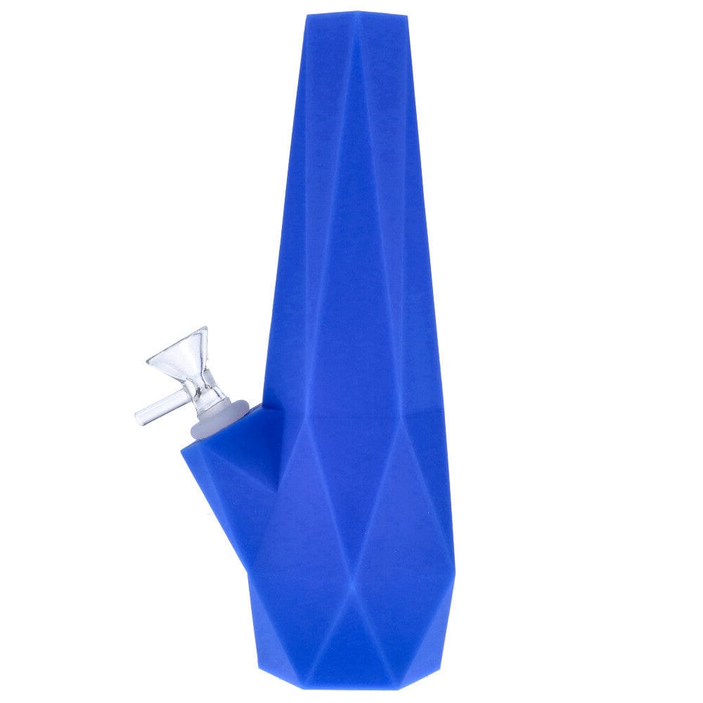Front view of the Valiant Diamond Silicone Water Pipe - Blue - 10in. showing a faceted blue silicone body with a slanted glass bowl against a white background