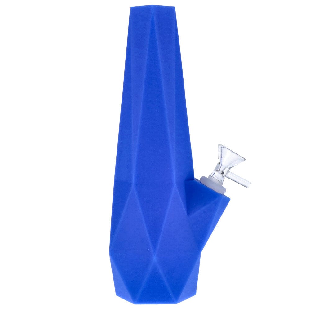 Front view of the blue Valiant Diamond Silicone Water Pipe - Blue - 10in. showing its faceted geometric body and angled glass bowl.