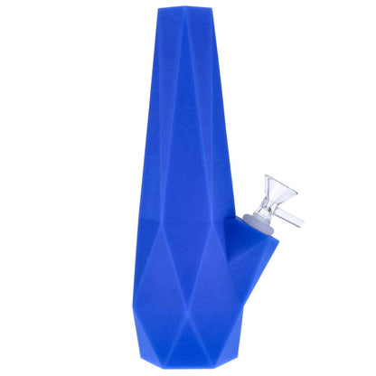 Front view of the blue Valiant Diamond Silicone Water Pipe - Blue - 10in. showing its faceted geometric body and angled glass bowl.