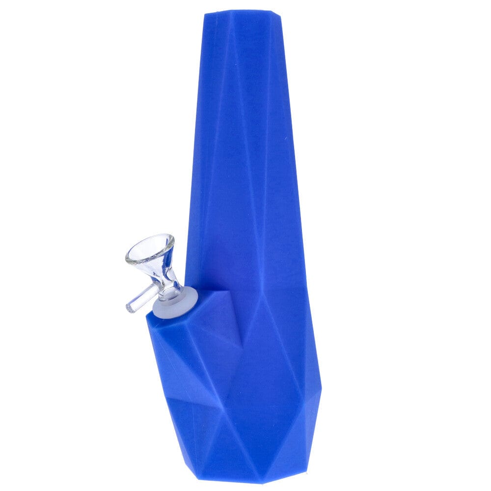 Front view of the blue 10in. Valiant Diamond Silicone Water Pipe with faceted geometric body and a clear glass bowl inserted at an angled joint
