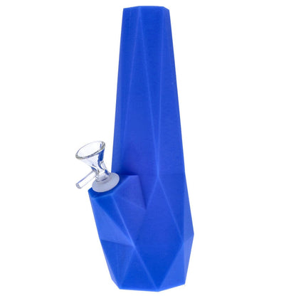 Front view of the blue 10in. Valiant Diamond Silicone Water Pipe with faceted geometric body and a clear glass bowl inserted at an angled joint