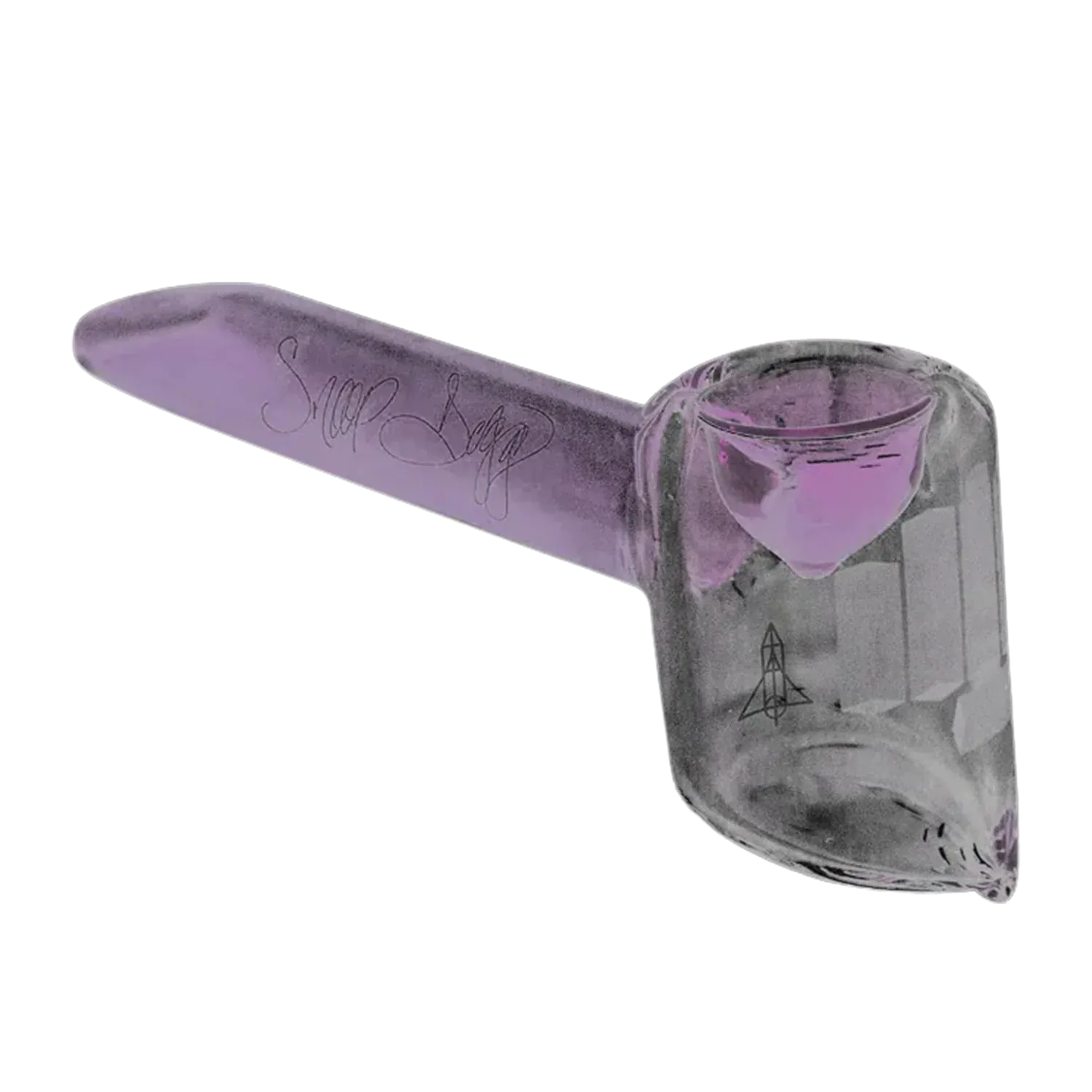 Angled close-up of the purple Snoop Dogg Pounds-Friendship Handpipe showing the long stem with scripted "Snoop" engraving and the rounded bowl.