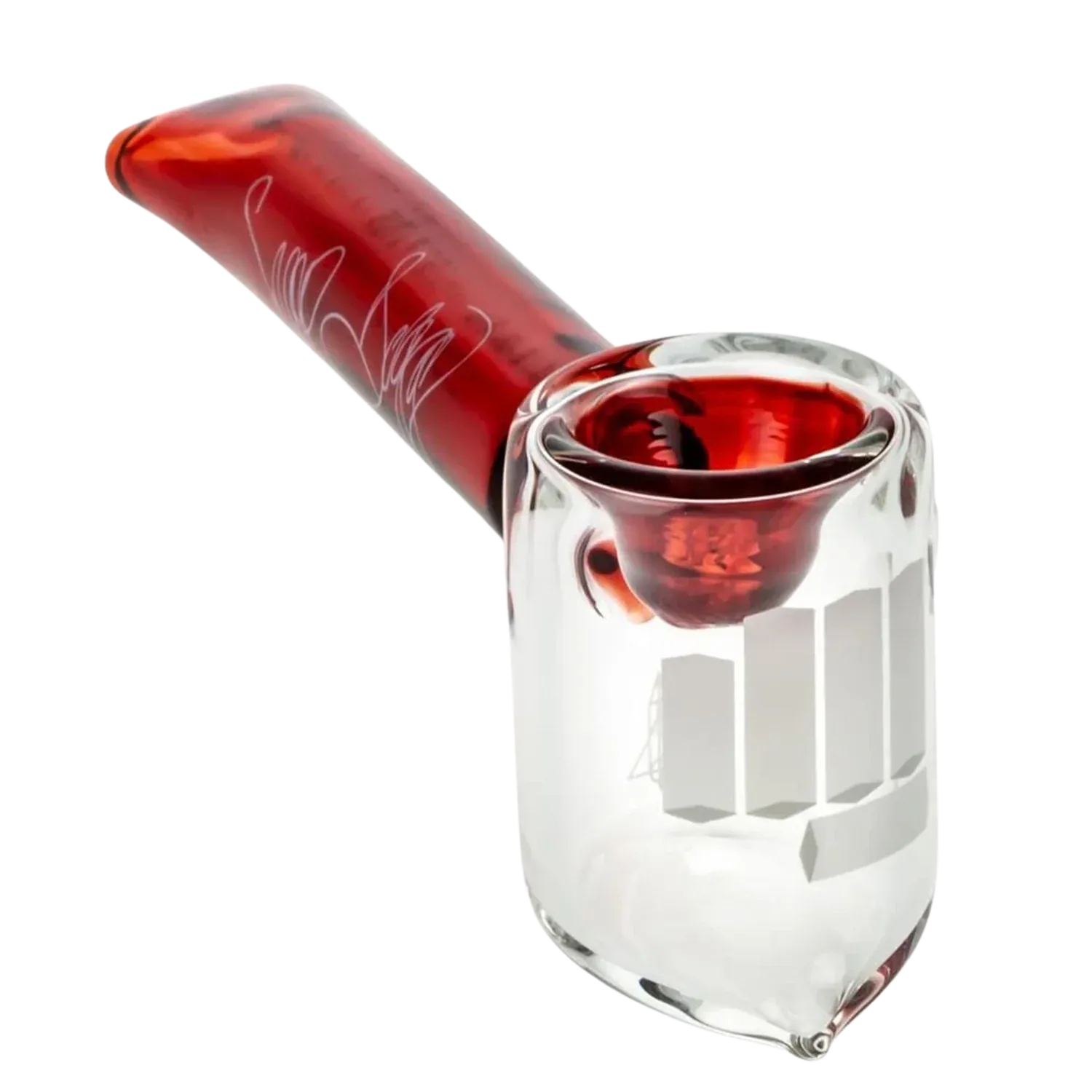 Angled close-up of the red Snoop Dogg Pounds-Friendship Handpipe-Red showing the clear glass bowl and deep red mouthpiece with white signature-like markings.