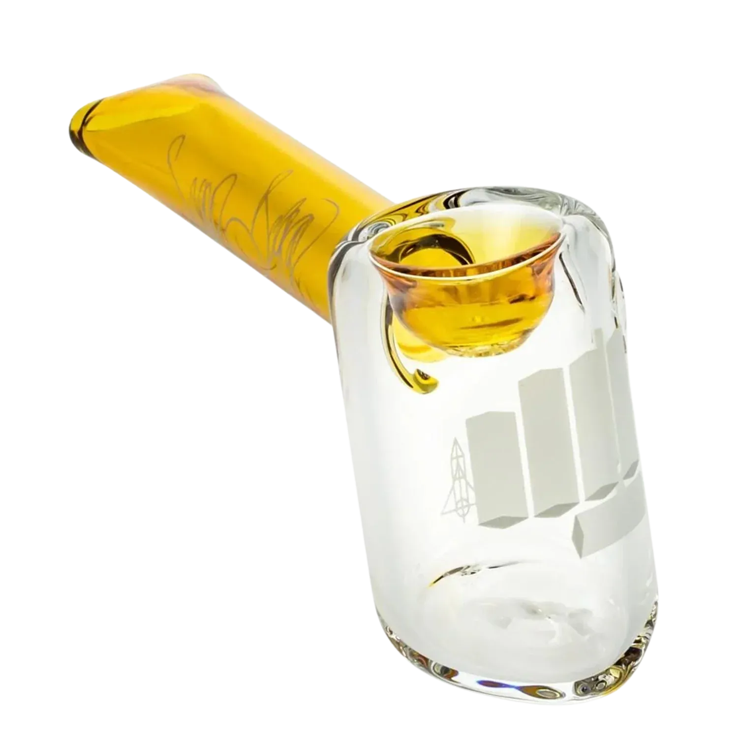 Angled close-up of the yellow Snoop Dogg Pounds-Friendship Handpipe showing the clear glass bowl and a tilted amber-yellow stem with subtle line decorations.
