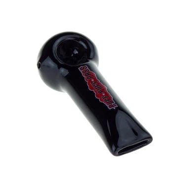 A side view of the 4-inch black Puff Puff Pass spoon pipe, showing its curved shape and smooth glass finish.