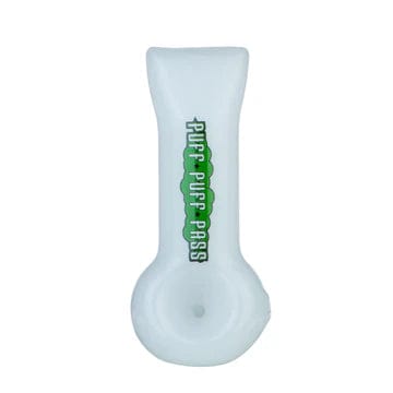 A front view of the 4-inch white Puff Puff Pass spoon pipe, highlighting its simple, curved design.