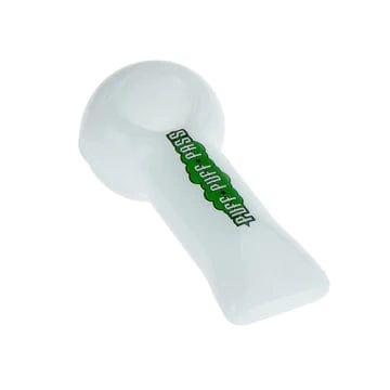 A clean, angled view of the 4-inch Puff Puff Pass Spoon Pipe in white, showcasing its simple, curved design.