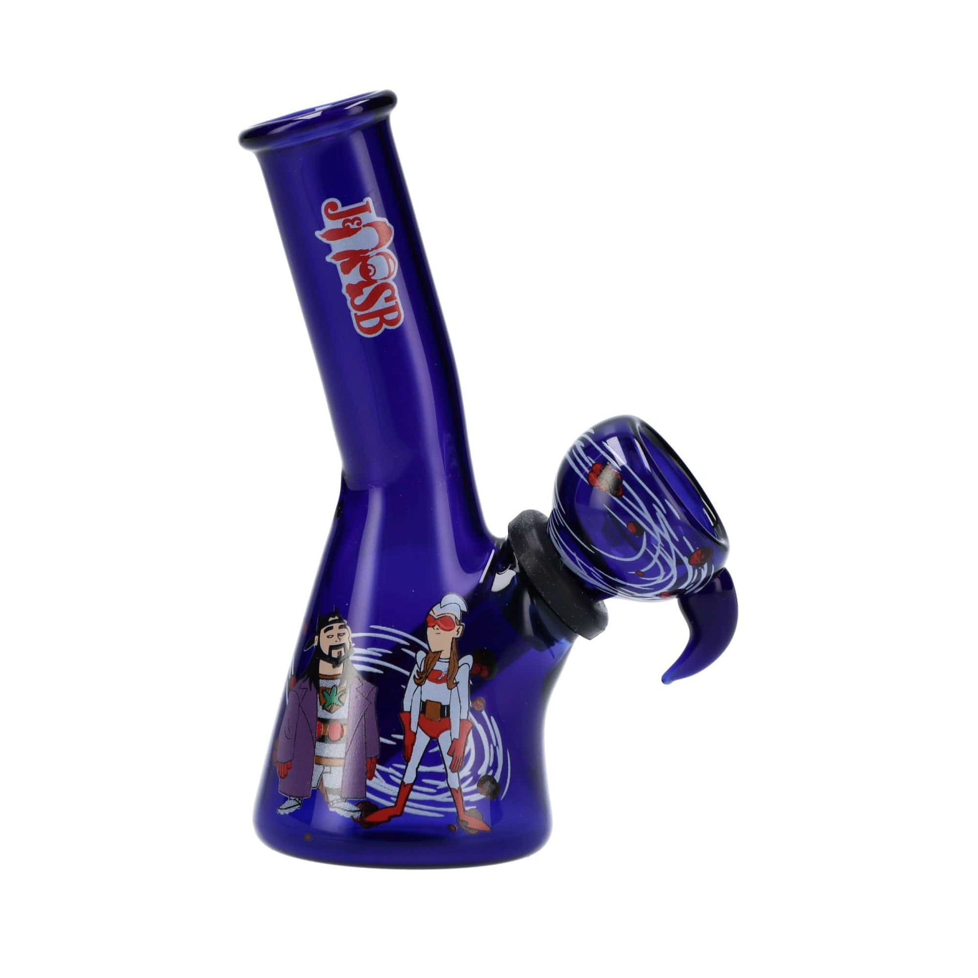 A slightly angled view of the JSB Bluntman & Chronic Water Pipe in blue, displaying its miniature size and unique sculpted design.