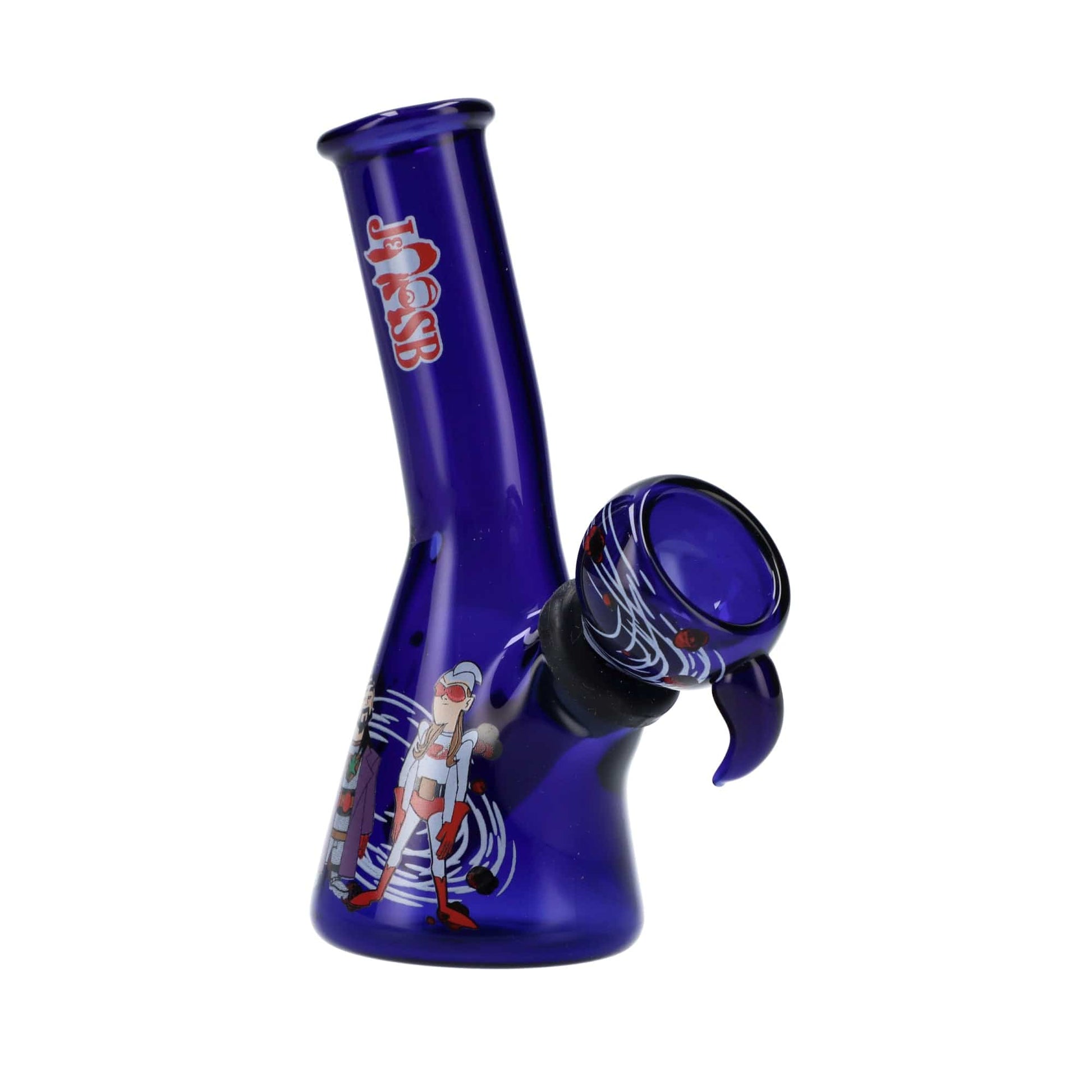 A front view of the JSB Bluntman & Chronic Water Pipe in blue, showcasing its miniature size and unique design.