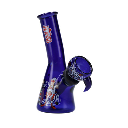 A front view of the JSB Bluntman & Chronic Water Pipe in blue, showcasing its miniature size and unique design.