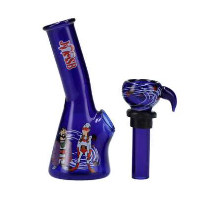 A three-quarter view of the blue JSB Bluntman & Chronic Water Pipe-Mini, showcasing its compact size and smooth glass construction.
